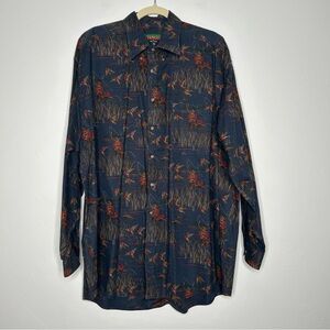 Vintage 90's Tango Navy Button Up Shirt Fly Fishing Duck Print Size XL